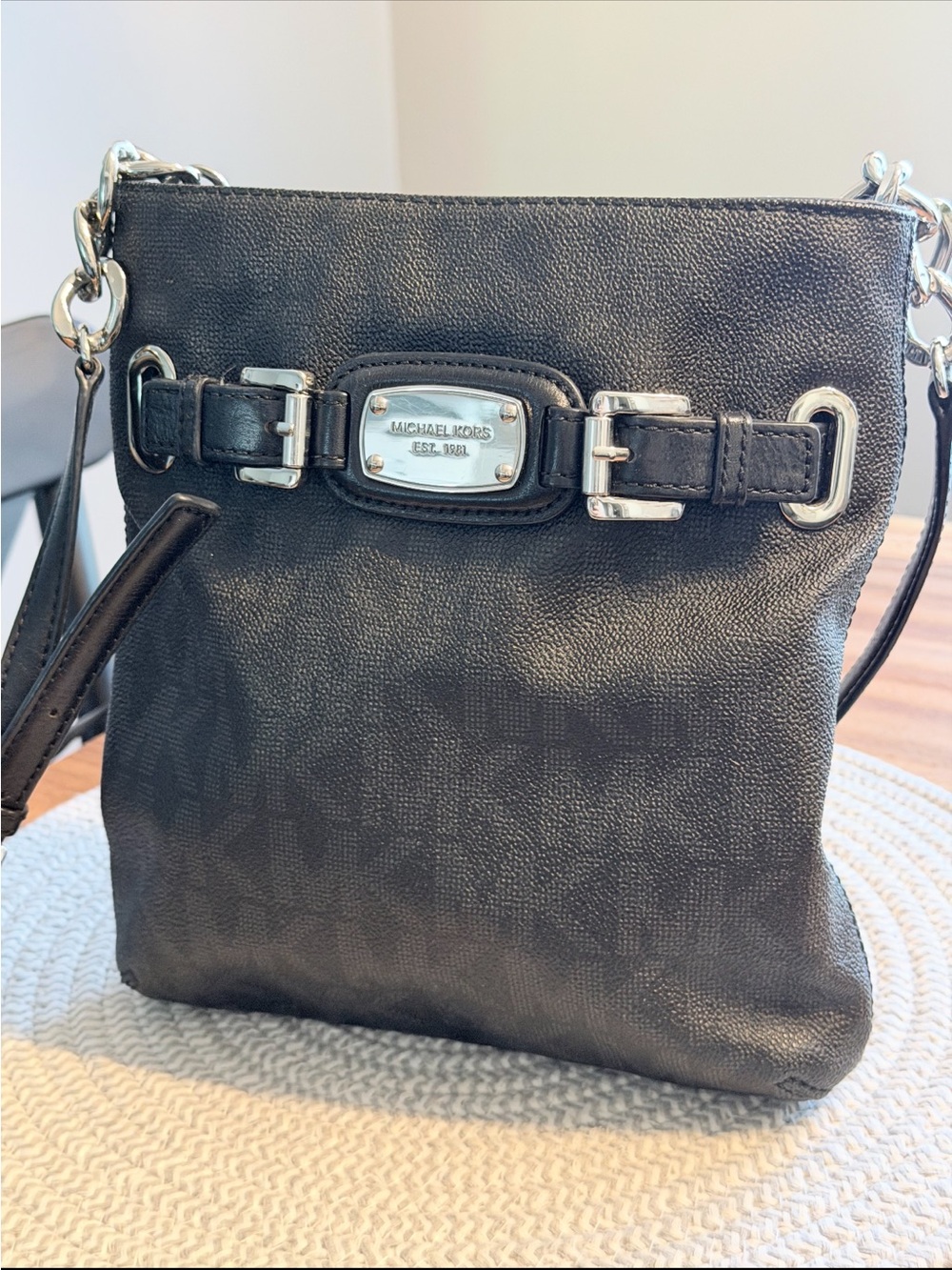 Michael Kors Black Logo-Print Leather Crossbody with Silver Hardware